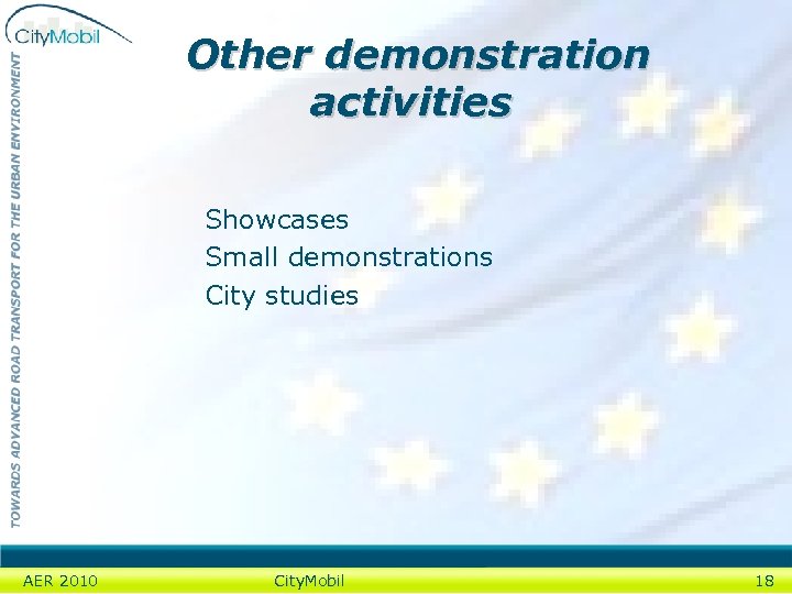 Other demonstration activities Showcases Small demonstrations City studies AER 2010 City. Mobil 18 