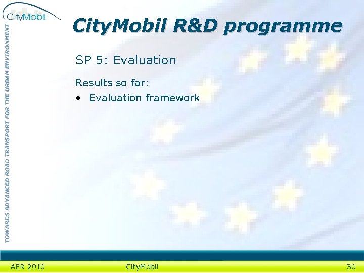 City. Mobil R&D programme SP 5: Evaluation Results so far: • Evaluation framework AER