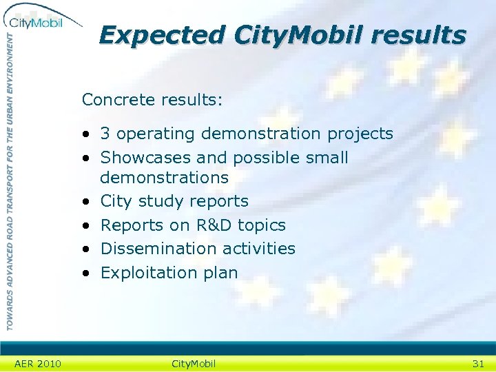 Expected City. Mobil results Concrete results: • 3 operating demonstration projects • Showcases and