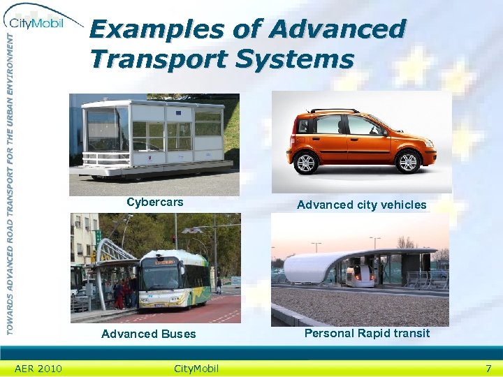 Examples of Advanced Transport Systems Cybercars Advanced Buses AER 2010 City. Mobil Advanced city