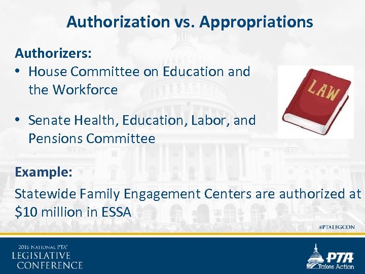 Authorization vs. Appropriations Authorizers: • House Committee on Education and the Workforce • Senate