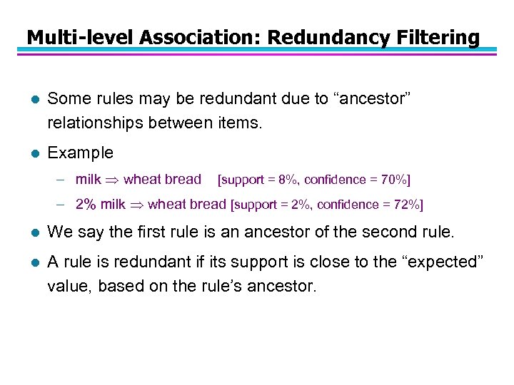 Multi-level Association: Redundancy Filtering l Some rules may be redundant due to “ancestor” relationships