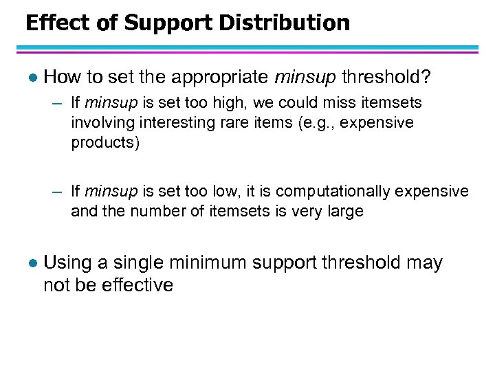 Effect of Support Distribution l How to set the appropriate minsup threshold? – If