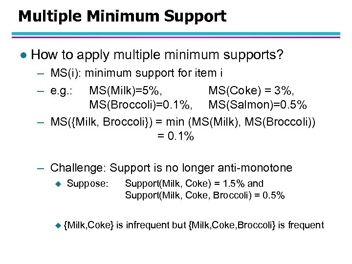 Multiple Minimum Support l How to apply multiple minimum supports? – MS(i): minimum support