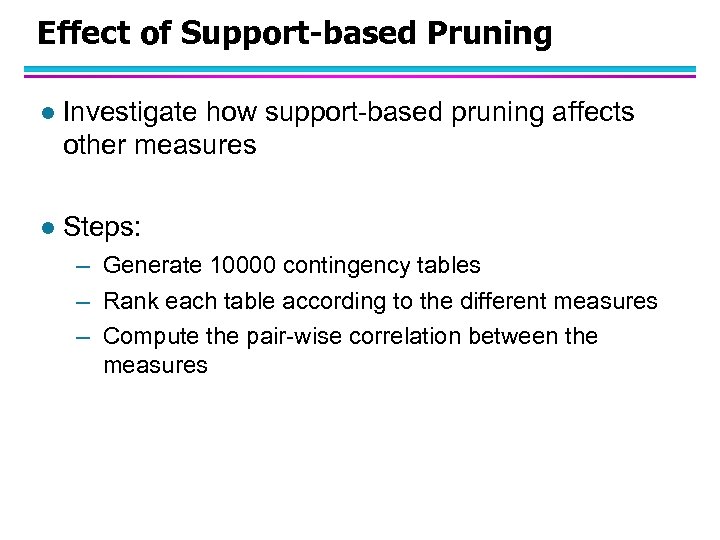 Effect of Support-based Pruning l Investigate how support-based pruning affects other measures l Steps: