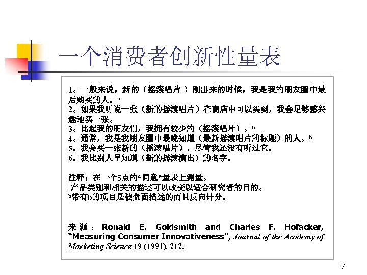 一个消费者创新性量表 1。一般来说，新的（摇滚唱片a）刚出来的时候，我是我的朋友圈中最 后购买的人。b 2。如果我听说一张（新的摇滚唱片）在商店中可以买到，我会足够感兴 趣地买一张。 3。比起我的朋友们，我拥有较少的（摇滚唱片）。b 4。通常，我是我朋友圈中最晚知道（最新摇滚唱片的标题）的人。b 5。我会买一张新的（摇滚唱片），尽管我还没有听过它。 6。我比别人早知道（新的摇滚演出）的名字。 注释：在一个 5点的“同意”量表上测量。 a产品类别和相关的描述可以改变以适合研究者的目的。 b带有b的项目是被负面描述的而且反向计分。 来