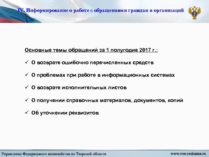 IV. Информирование о работе с обращениями граждан и организаций Основные темы обращений за 1