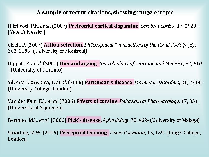 A sample of recent citations, showing range of topic Hitchcott, P. K. et al.