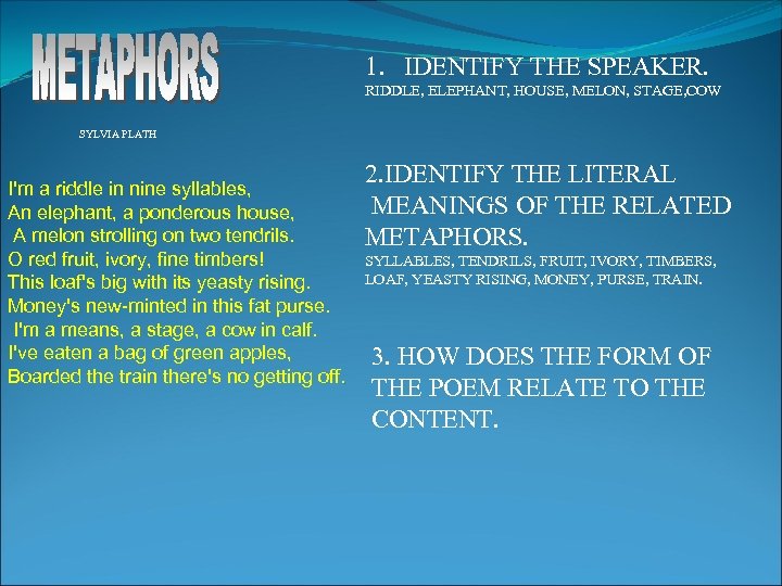 1. IDENTIFY THE SPEAKER. RIDDLE, ELEPHANT, HOUSE, MELON, STAGE, COW SYLVIA PLATH I'm a