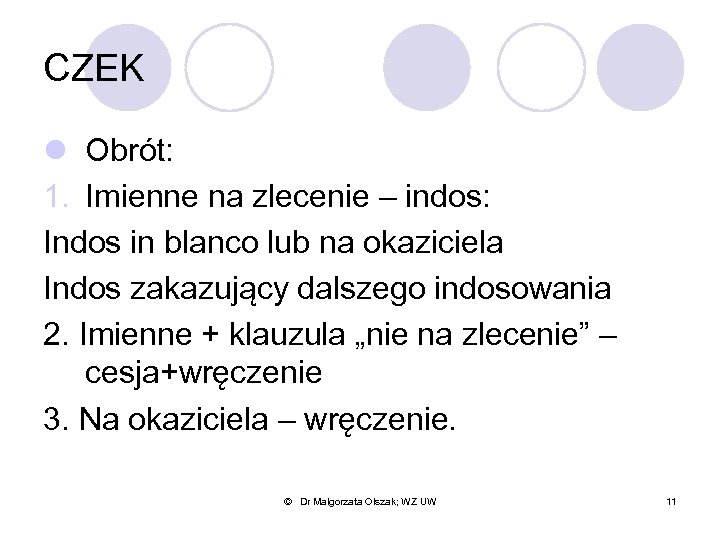 CZEK l Obrót: 1. Imienne na zlecenie – indos: Indos in blanco lub na