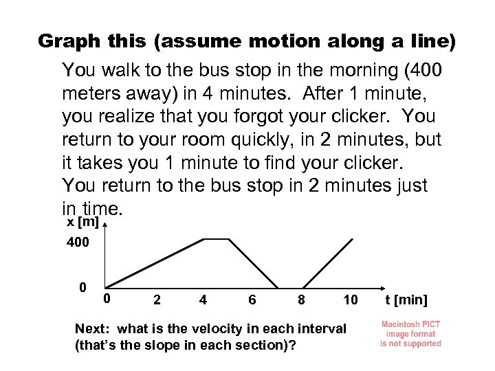 Graph this (assume motion along a line) You walk to the bus stop in