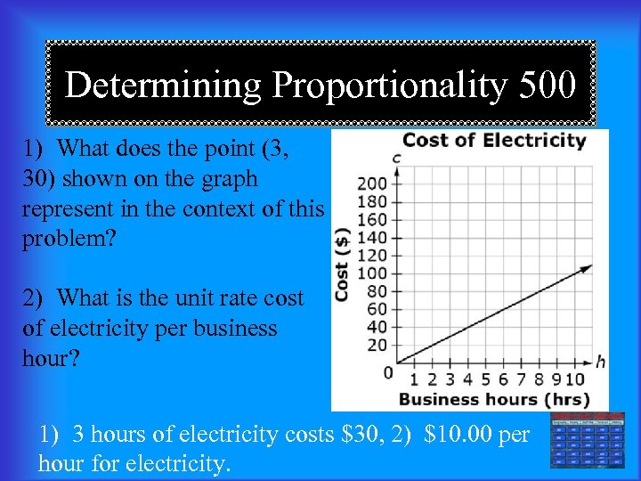 Determining Proportionality 500 1) What does the point (3, 30) shown on the graph