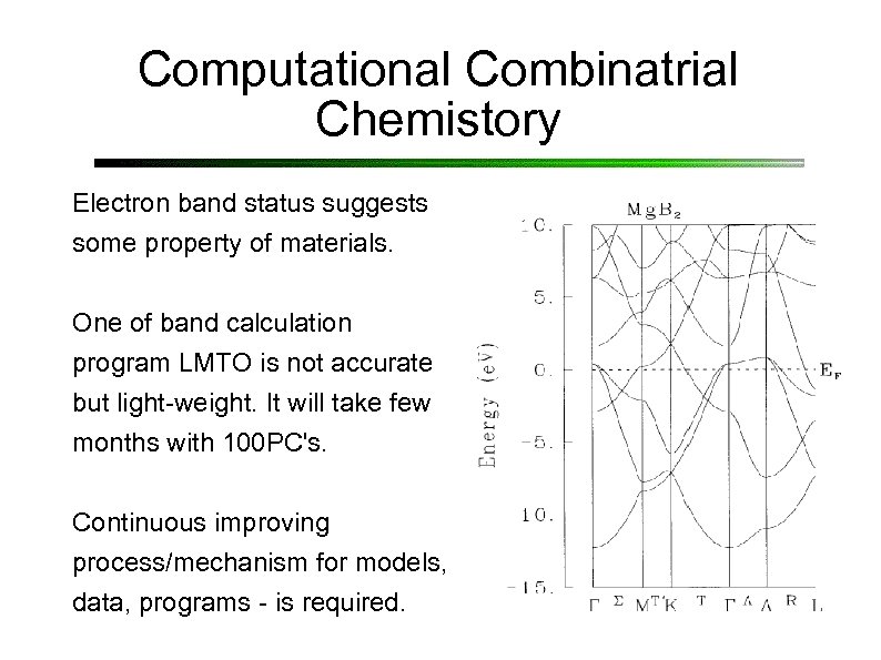 Computational Combinatrial Chemistory Electron band status suggests some property of materials. One of band