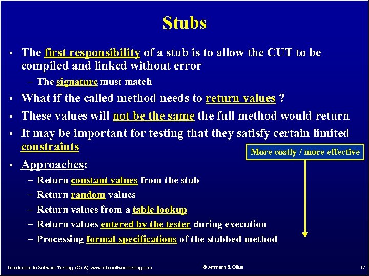 Stubs • The first responsibility of a stub is to allow the CUT to