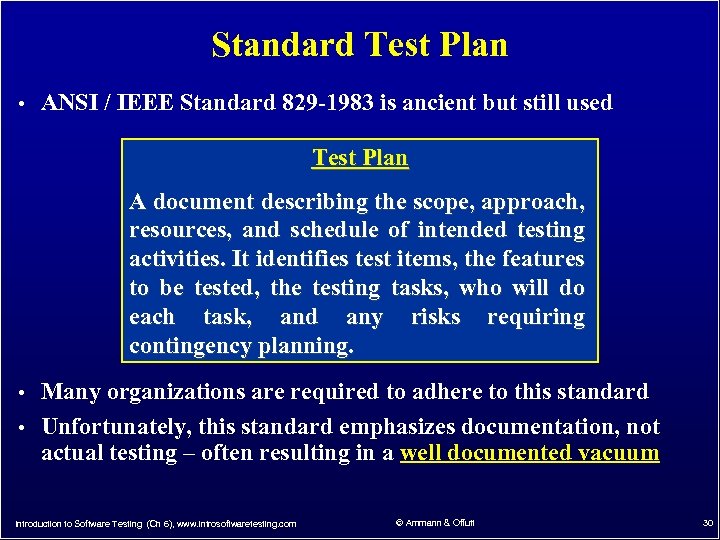 Standard Test Plan • ANSI / IEEE Standard 829 -1983 is ancient but still