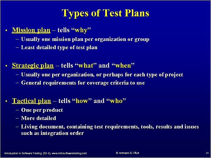 Types of Test Plans • Mission plan – tells “why” – Usually one mission