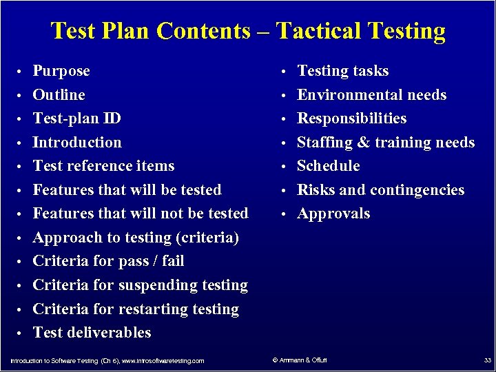 Test Plan Contents – Tactical Testing • Purpose • Testing tasks • Outline •