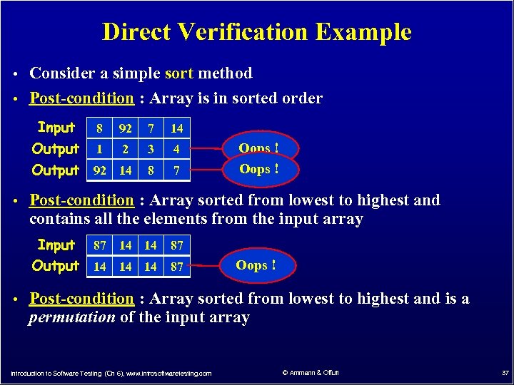 Direct Verification Example • Consider a simple sort method • Post-condition : Array is