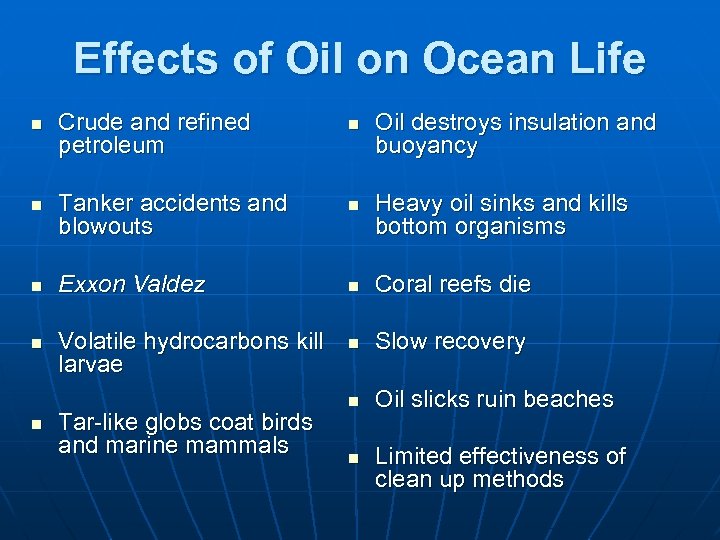 Effects of Oil on Ocean Life n n n Crude and refined petroleum Tanker