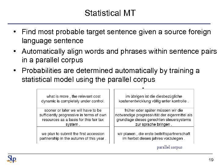 Statistical MT • Find most probable target sentence given a source foreign language sentence