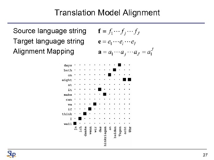 Translation Model Alignment Source language string Target language string Alignment Mapping 27 