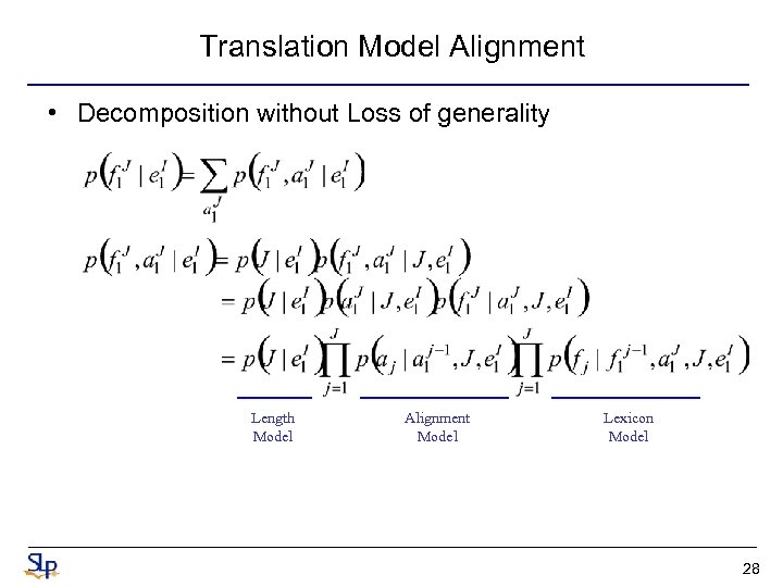 Translation Model Alignment • Decomposition without Loss of generality Length Model Alignment Model Lexicon