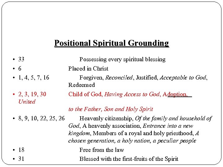 Positional Spiritual Grounding • 33 • 6 • 1, 4, 5, 7, 16 •