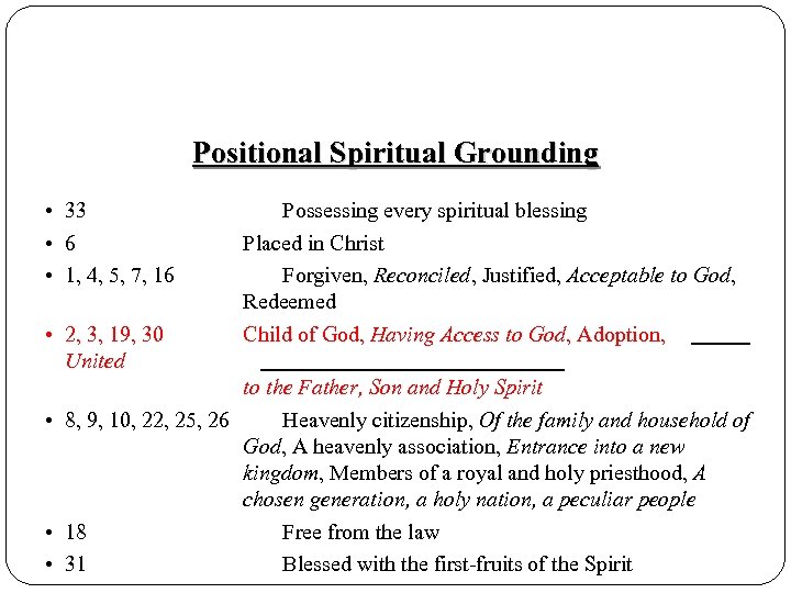 Positional Spiritual Grounding • 33 • 6 • 1, 4, 5, 7, 16 •