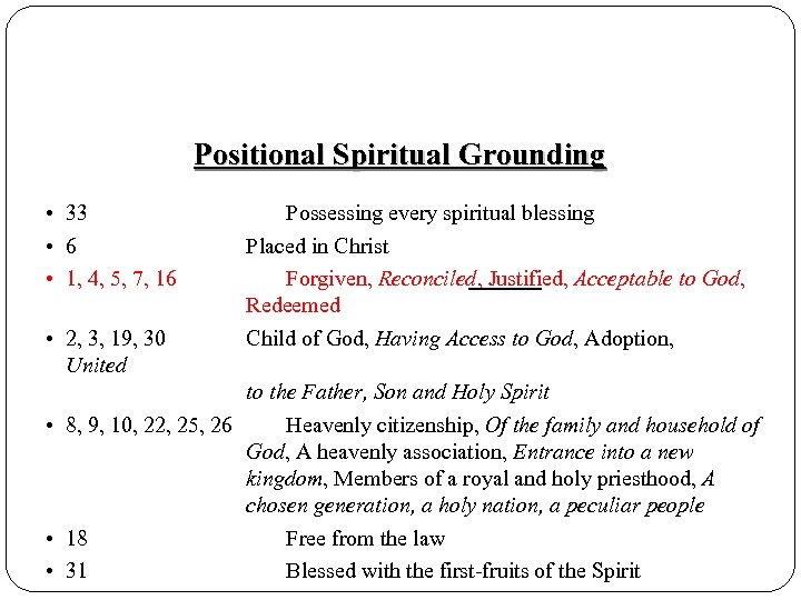 Positional Spiritual Grounding • 33 • 6 • 1, 4, 5, 7, 16 •