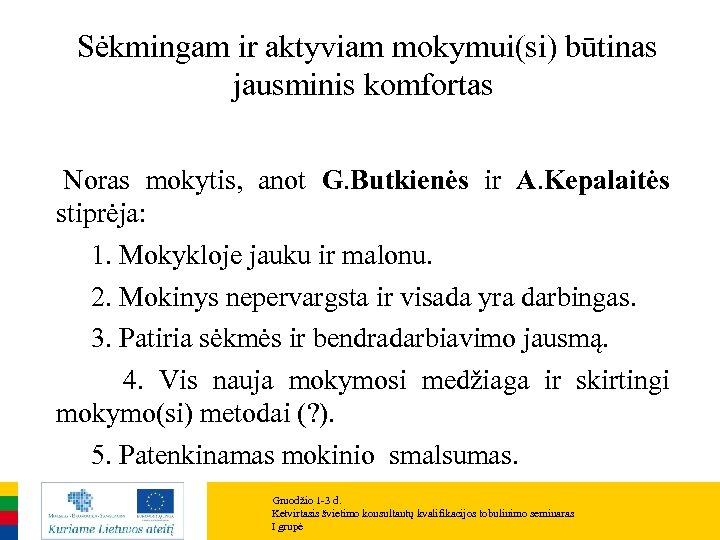 Sėkmingam ir aktyviam mokymui(si) būtinas jausminis komfortas Noras mokytis, anot G. Butkienės ir A.