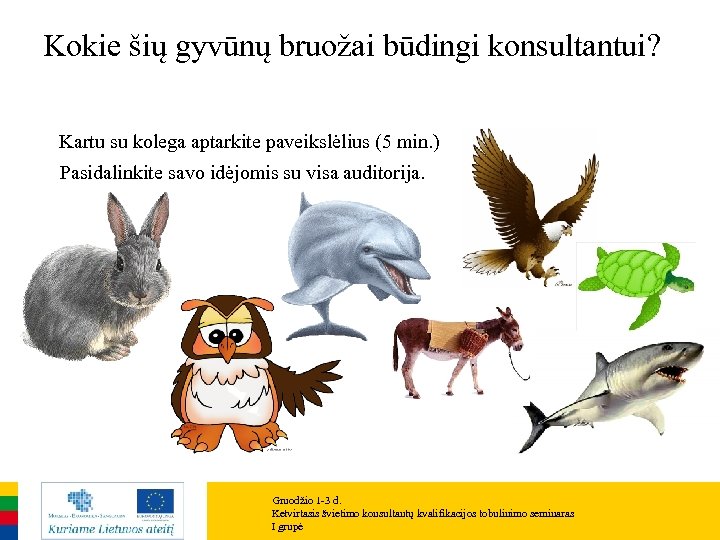 Kokie šių gyvūnų bruožai būdingi konsultantui? Kartu su kolega aptarkite paveikslėlius (5 min. )