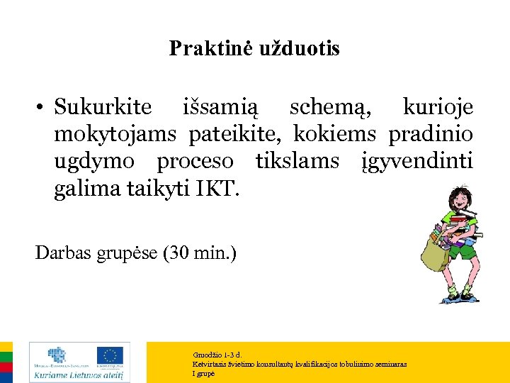 Praktinė užduotis • Sukurkite išsamią schemą, kurioje mokytojams pateikite, kokiems pradinio ugdymo proceso tikslams