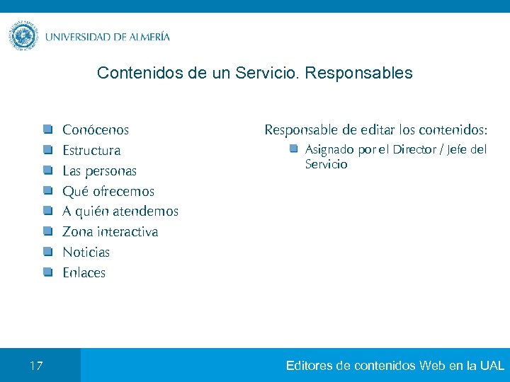 Contenidos de un Servicio. Responsables Conócenos Estructura Las personas Qué ofrecemos A quién atendemos
