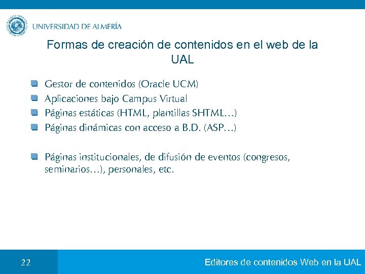 Formas de creación de contenidos en el web de la UAL Gestor de contenidos