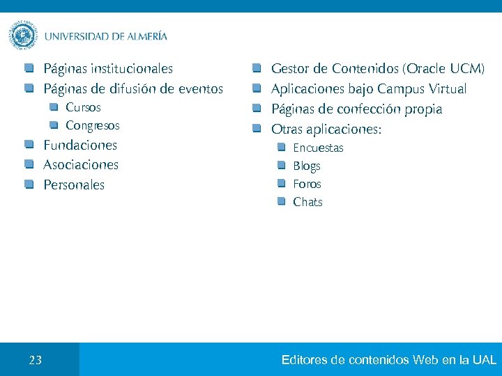 Páginas institucionales Páginas de difusión de eventos Cursos Congresos Fundaciones Asociaciones Personales 23 Gestor