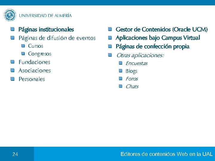Páginas institucionales Páginas de difusión de eventos Cursos Congresos Fundaciones Asociaciones Personales 24 Gestor
