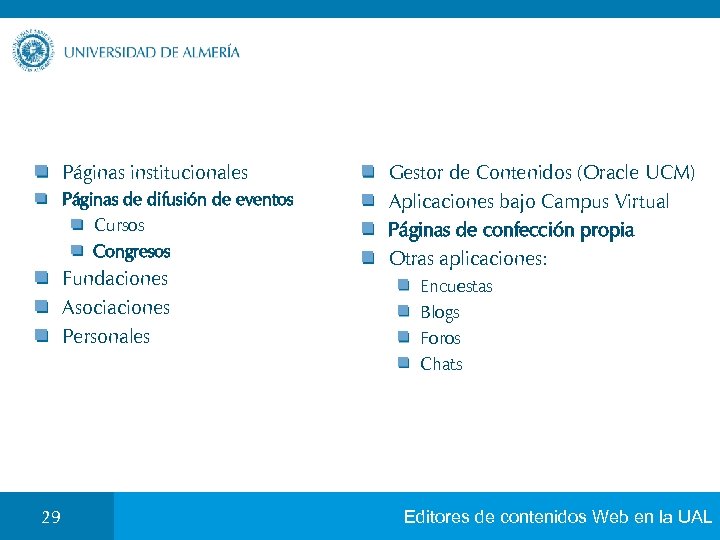 Páginas institucionales Páginas de difusión de eventos Cursos Congresos Fundaciones Asociaciones Personales 29 Gestor