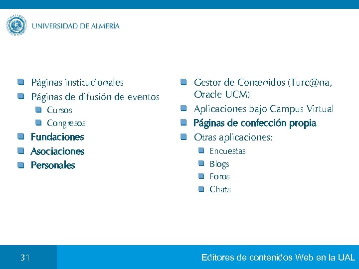 Páginas institucionales Páginas de difusión de eventos Cursos Congresos Fundaciones Asociaciones Personales 31 Gestor