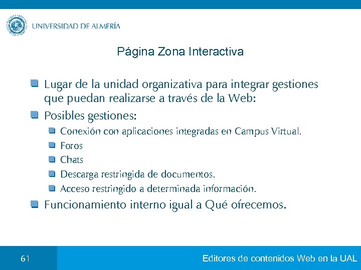 Página Zona Interactiva Lugar de la unidad organizativa para integrar gestiones que puedan realizarse