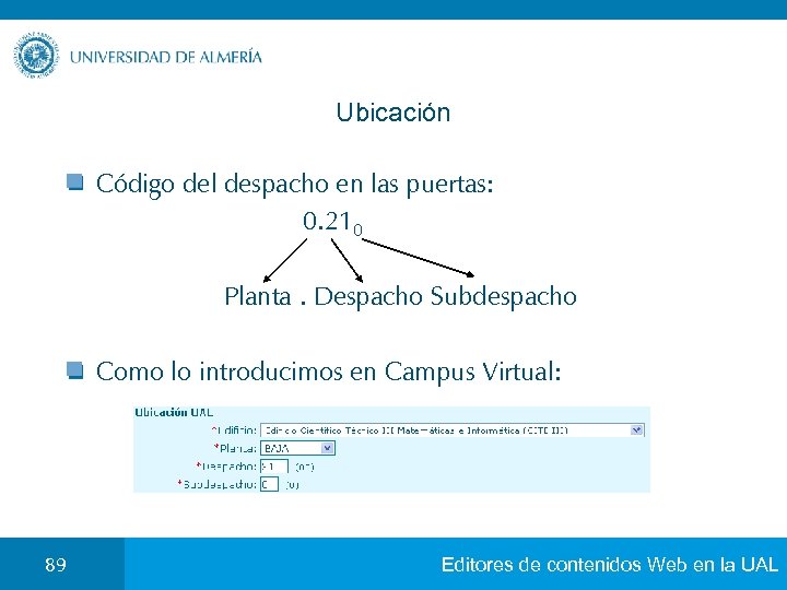 Ubicación Código del despacho en las puertas: 0. 210 Planta. Despacho Subdespacho Como lo