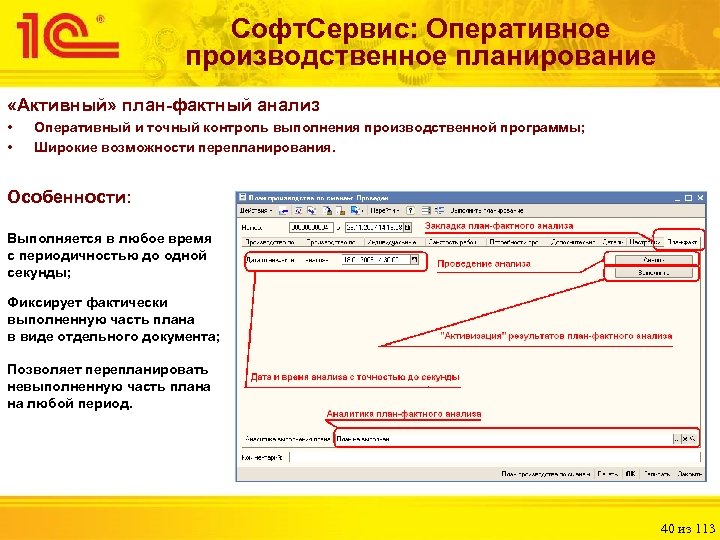 Софт. Сервис: Оперативное производственное планирование «Активный» план-фактный анализ • • Оперативный и точный контроль