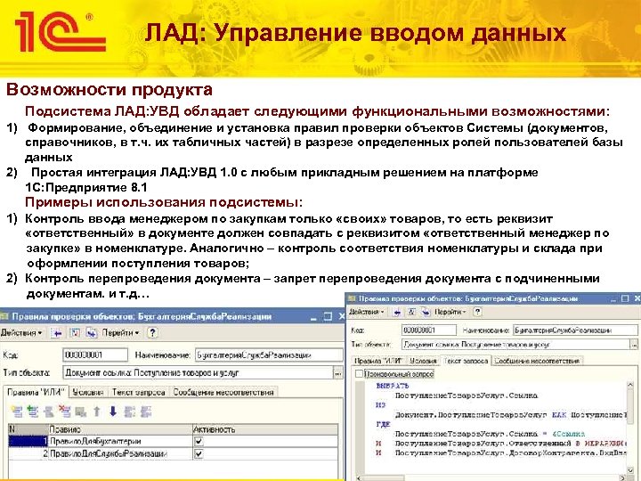 ЛАД: Управление вводом данных Возможности продукта Подсистема ЛАД: УВД обладает следующими функциональными возможностями: 1)