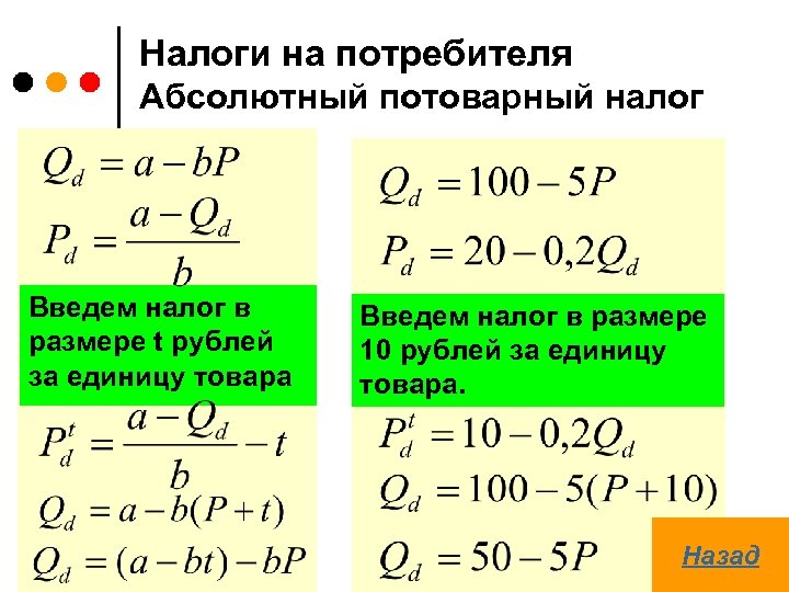 Налоги на потребителя Абсолютный потоварный налог Введем налог в размере t рублей за единицу