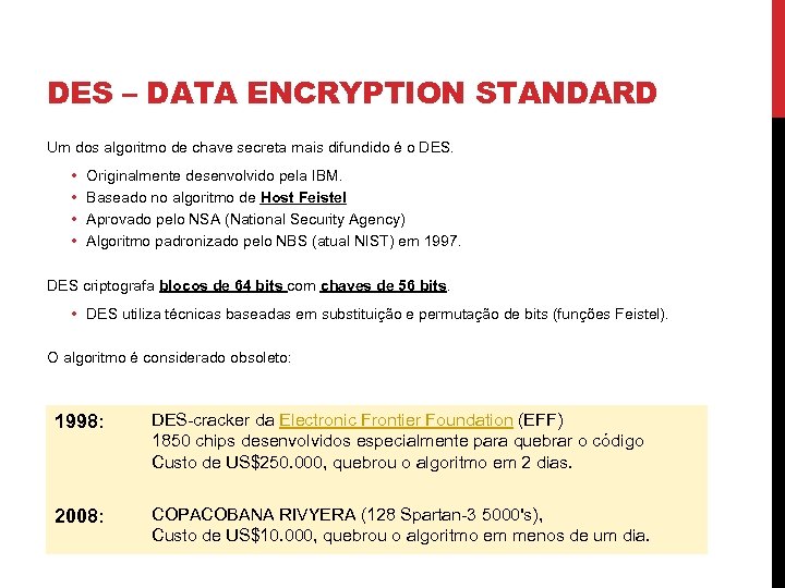 DES – DATA ENCRYPTION STANDARD Um dos algoritmo de chave secreta mais difundido é