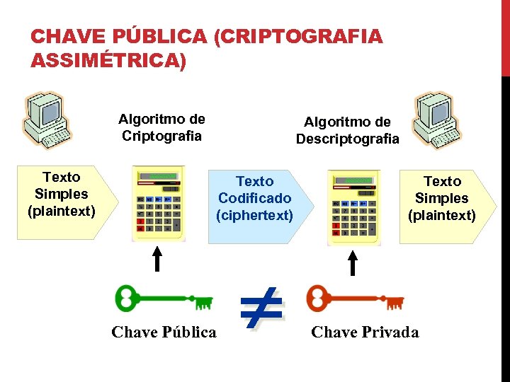 CHAVE PÚBLICA (CRIPTOGRAFIA ASSIMÉTRICA) Algoritmo de Criptografia Texto Simples (plaintext) Algoritmo de Descriptografia Texto