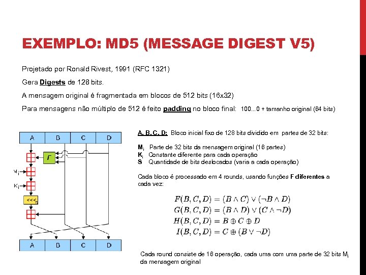 EXEMPLO: MD 5 (MESSAGE DIGEST V 5) Projetado por Ronald Rivest, 1991 (RFC 1321)