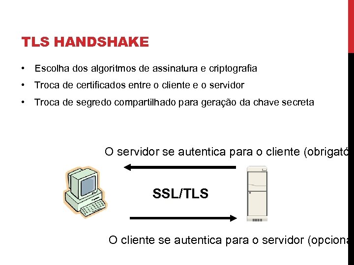 TLS HANDSHAKE • Escolha dos algoritmos de assinatura e criptografia • Troca de certificados