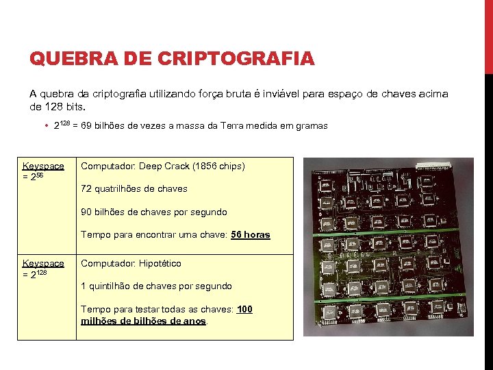 QUEBRA DE CRIPTOGRAFIA A quebra da criptografia utilizando força bruta é inviável para espaço