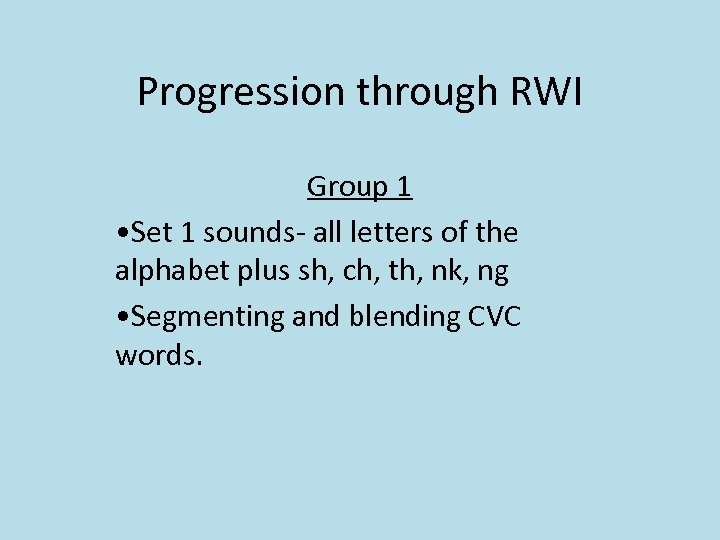 Progression through RWI Group 1 • Set 1 sounds- all letters of the alphabet