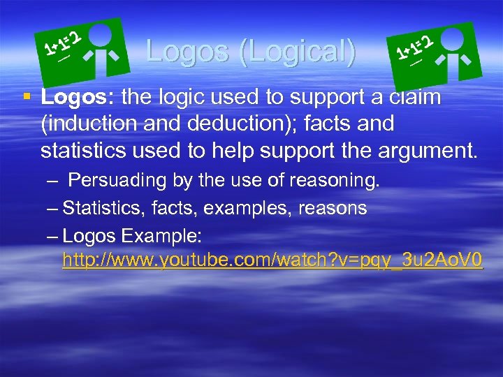 Logos (Logical) § Logos: the logic used to support a claim (induction and deduction);